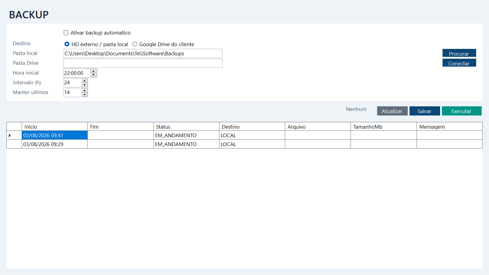 Tela completa de configuração de backup