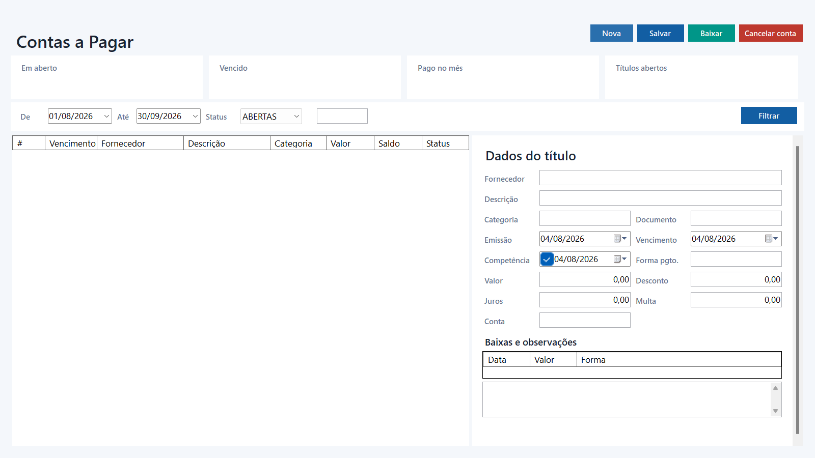 Tela completa de contas a pagar