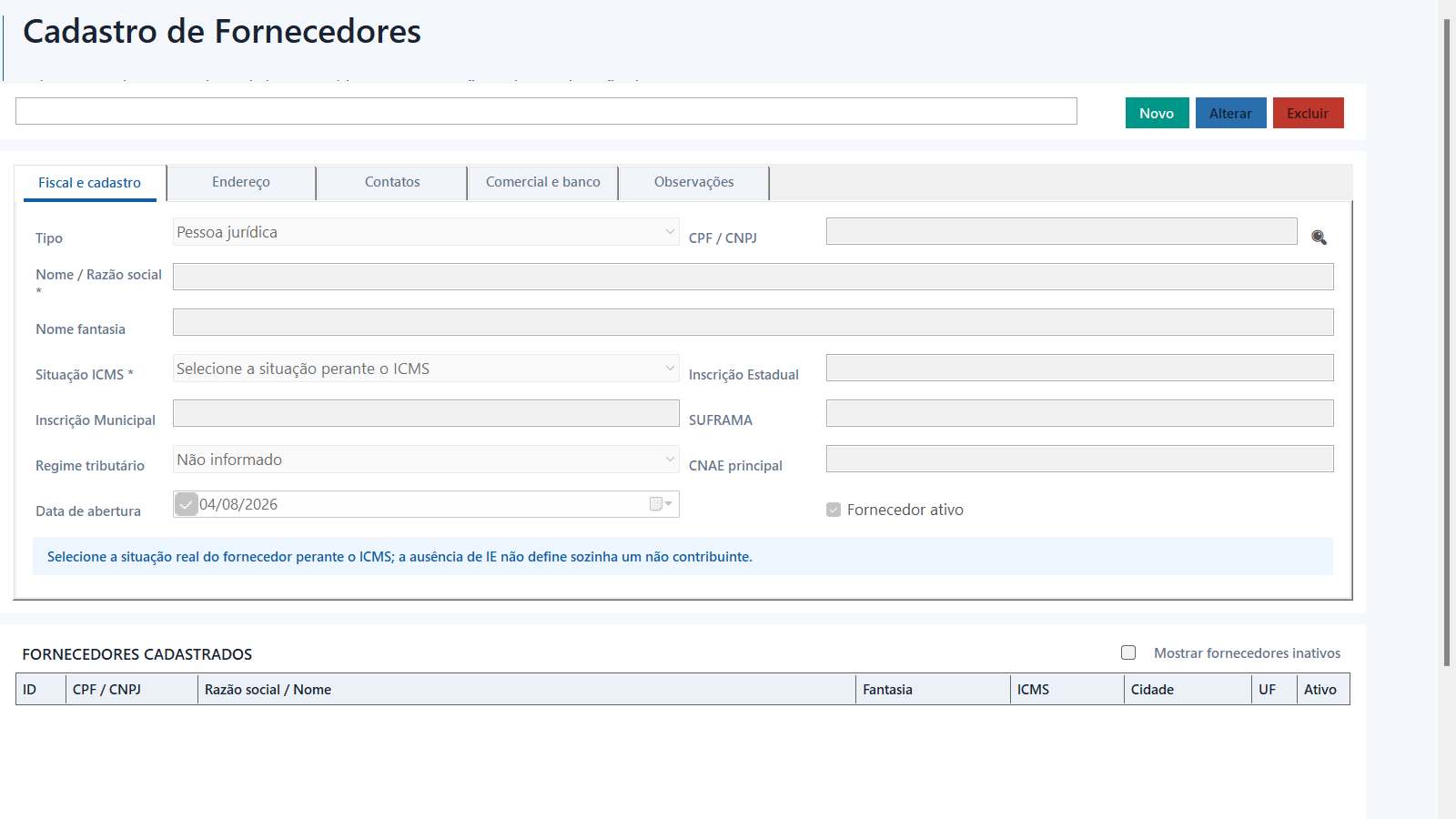 Tela completa de cadastro de fornecedores